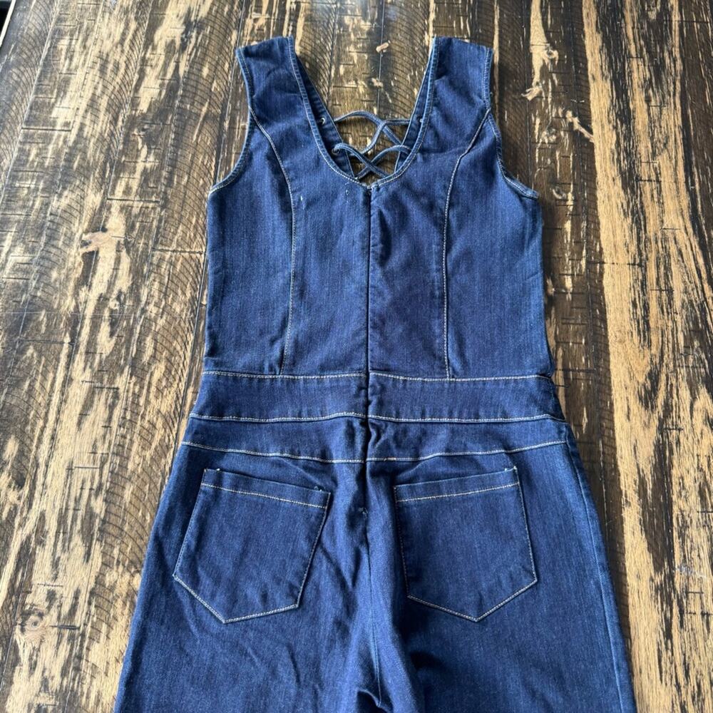 MEBON - Blue Denim Lace-Up Stretch Fitted Jumpsuit - MEDIUM - Picture 8 of 17